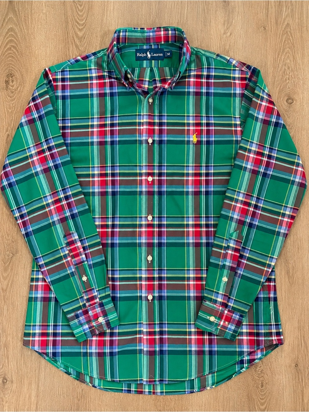 Ralph Lauren Green Plaid Cotton Button-Down Shirt with Red & Blue Accents